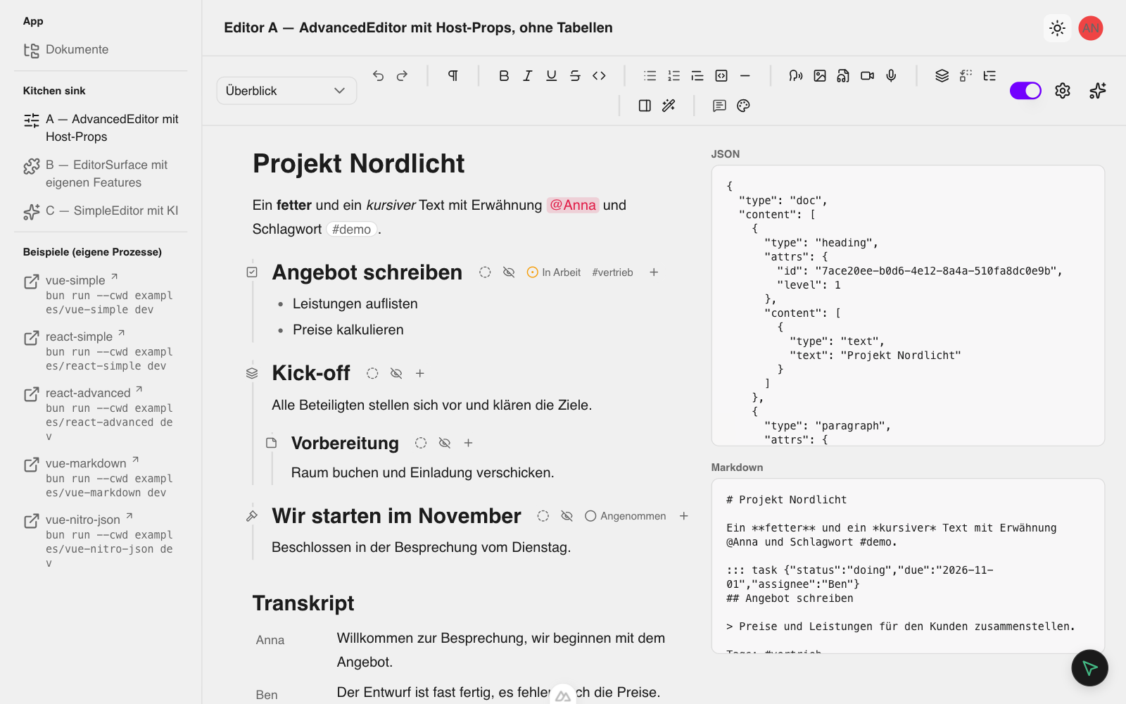 The advanced editor of the repository's Nuxt app: toolbar, Block outline groups, Typed blocks and the JSON and Markdown panes